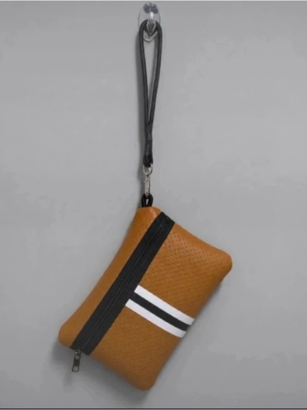 Tan Wristlet Pouch with Black Strap and Stripe Detail